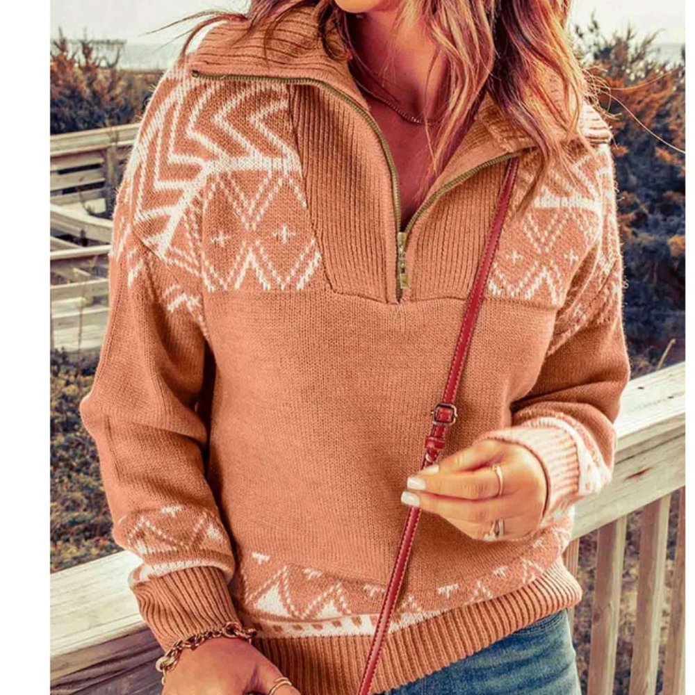 Geo Pattern Half Zip Sweater Top - Picture 3 of 7